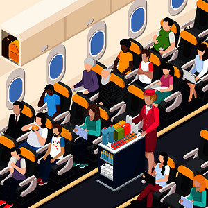 飞机乘客机人员等距成与食物饮料符号矢量插图飞机乘客成图片
