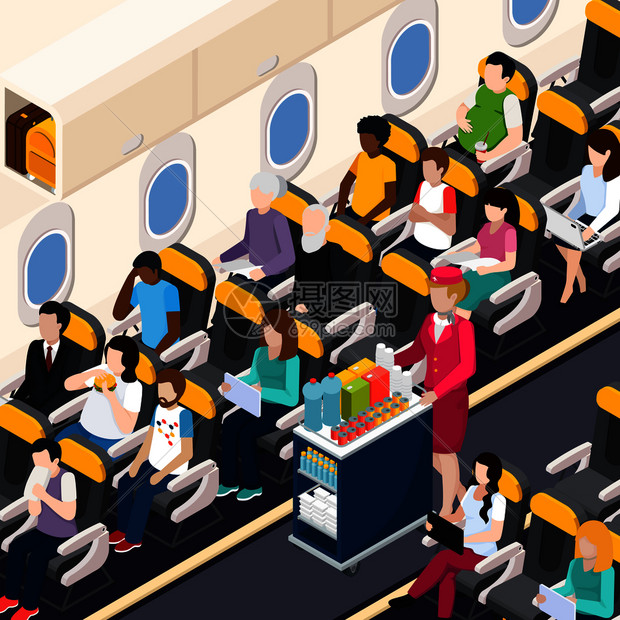 飞机乘客机人员等距成与食物饮料符号矢量插图飞机乘客成