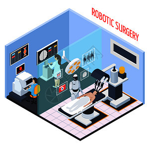 机器人手术构图与技术人的符号等距矢量插图机器人手术等距成图片