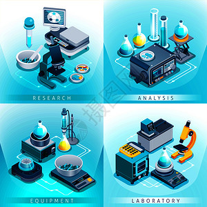 等距与实验室设备的研究分析分离的梯度蓝色背景矢量插图实验室设备等距图片