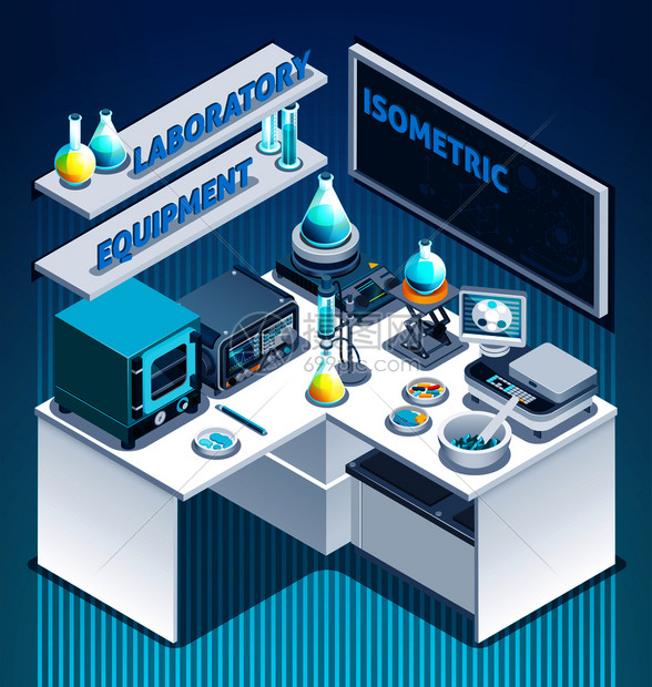 白色实验室桌子与科学设备物质烧杯等距成的蓝色背景矢量插图实验室表