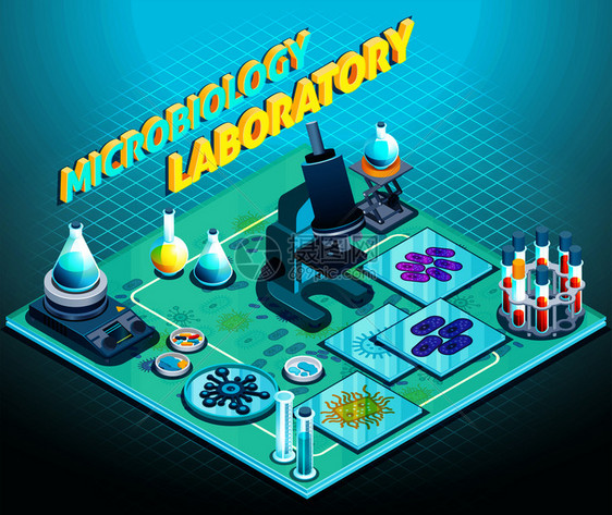 微生物学实验室蓝色梯度背景蓝色梯度背景与科学设备,瓶管,微生物,矢量插图微生物学实验室等距成图片
