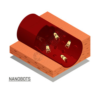 创新的纳米技术医学测试诊断治疗与纳米机器人流经血管等距成矢量插图纳米机器人血管等距成图片