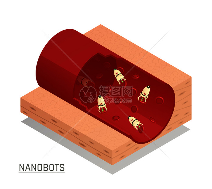创新的纳米技术医学测试诊断治疗与纳米机器人流经血管等距成矢量插图纳米机器人血管等距成图片