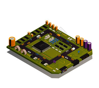 半导体电子元件装电路板上,城市建筑街道交通要素等距成矢量图半导体电子元件等距成图片
