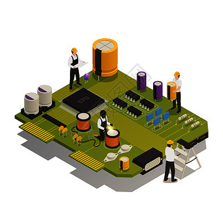 半导体电子元件等距成与4人装电阻极管印刷电路板矢量插图半导体电子元件等距成背景图片