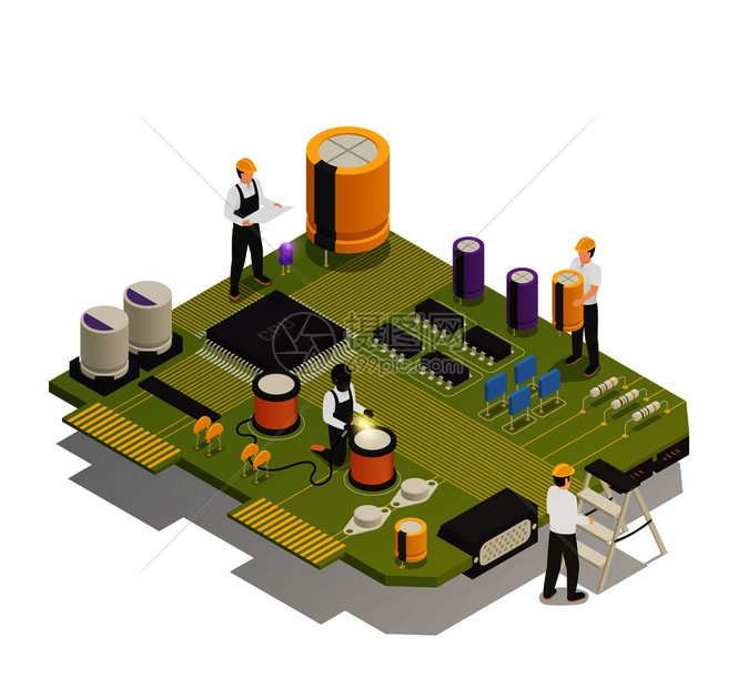 半导体电子元件等距成与4人装电阻极管印刷电路板矢量插图半导体电子