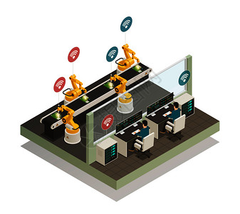 智能工业智能制造全自动焊接线与遥控机器人手等距成矢量图智能工业制造等距成背景图片
