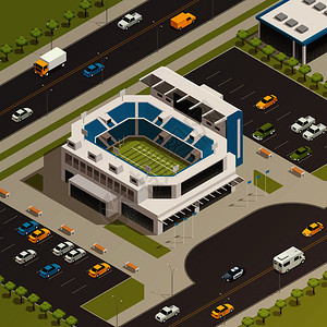 美国联盟足球体育场与相邻公园繁忙的街道等距构图矢量插图体育场区等距成图片
