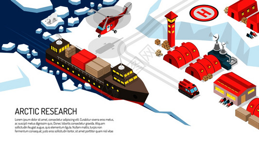 北极研究极地站沉降等距海报与破冰船跟踪车辆雪上摩托直升机降落直升机停机坪矢量插图北极研究极地站海报图片