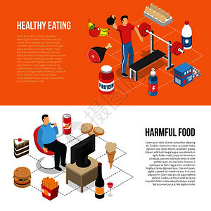 健康饮食锻炼与健康的垃圾食品电视观看2个等距生活方式横幅矢量插图健康健康的生活方式等距横幅图片