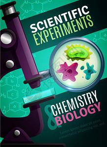 科学化学生物学实验海报与单细胞生物放大镜下的显微镜图像矢量插图科学实验海报图片