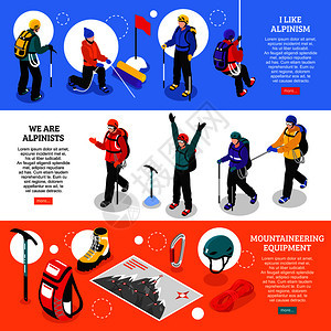 登山运动员等距横幅与登山设备登山者冬季制服,用于探险3D矢量插图登山水平横幅图片
