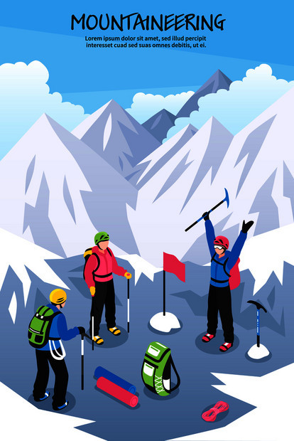 登山作文与可编辑的文本登山者与设备标志山顶矢量插图顶部背景上的登山者图片