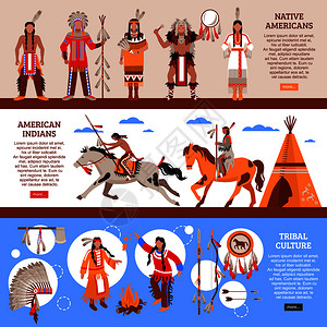 美洲土著人水平横幅与印安人民族服装假发部落文化元素卡通矢量插图美洲土著人水平横幅图片