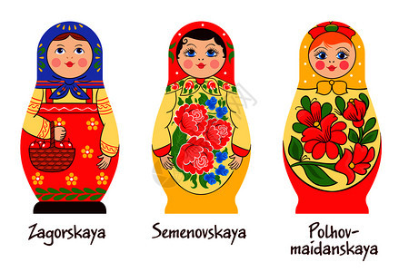 俄罗斯传统的马蒂洛什卡集三个图像与同的堆叠娃娃与同的着色艺术品矢量插图俄罗斯马蒂洛什卡风格收藏图片