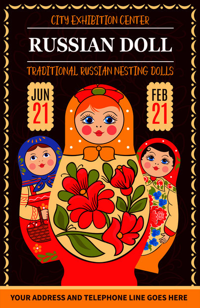马蒂洛什卡俄罗斯传统海报与绘画风格的艺术作品装饰框架俄罗斯娃娃与可编辑的文本日期矢量插图俄罗斯娃娃展览海报图片