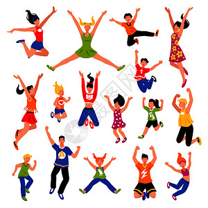 快乐跳跃的孩子,青少同别龄的成人等距彩色集合矢量插图快乐跳跃的人等距图片