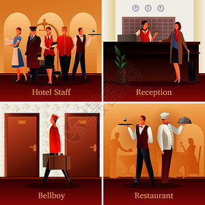 酒店员工4个平渐变图标与接待前台职员服务员孤立矢量插图酒店人平作文图片