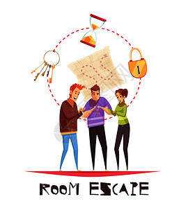 房间逃生与三个成人游戏玩家雕像锁钟钥匙卡通图标矢量插图房间逃生理念图片