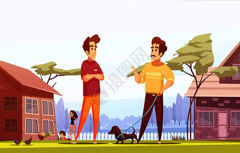 两名男住邻近的村庄小屋里,他们的孩子宠物散步,卡通矢量插图两个男邻居村庄背景图片