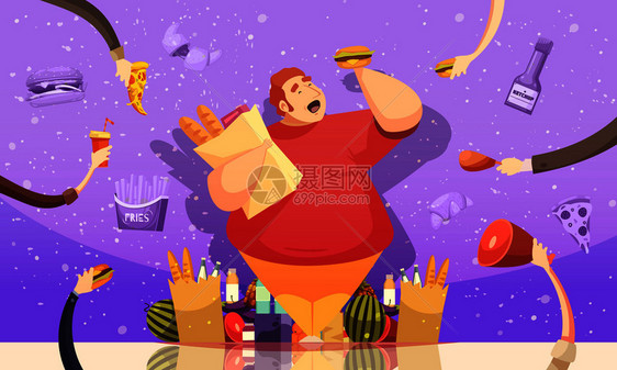 暴食导致肥胖卡通海报与胖子汉堡包装烘焙食品矢量插图暴食导致肥胖海报图片