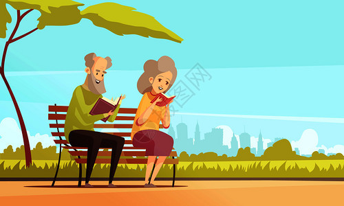 老人女人坐城市公园树下的长凳上,看书,平矢量插图老人公园读书图片