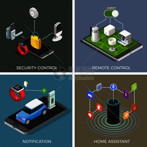 物联网等距与家庭助理,通知,安全系统,遥控器孤立矢量插图物联网等距图片