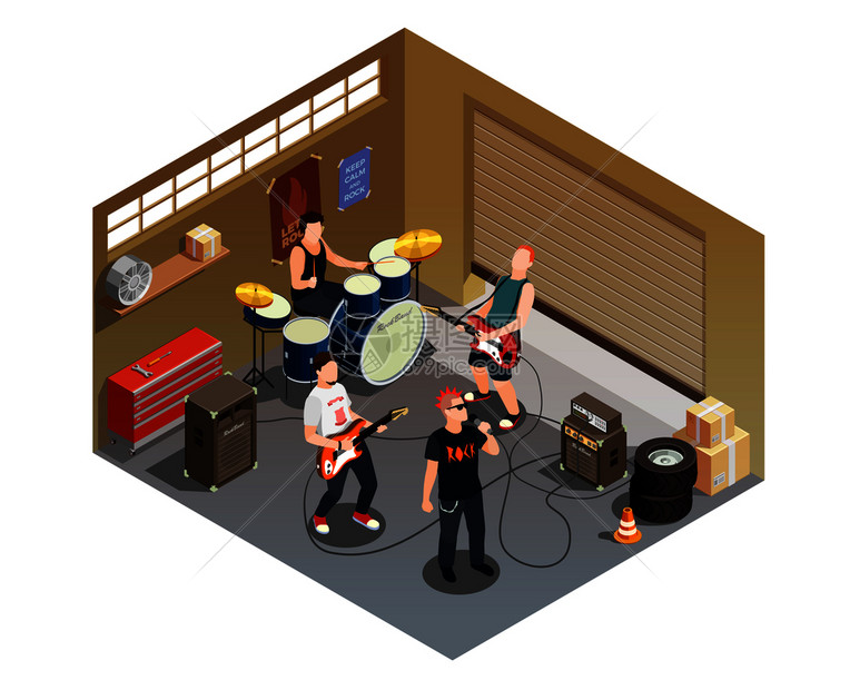 车库乐队等距构图与滚音乐家乐器,包括歌手与麦克风,鼓手,吉他手矢量插图车库带等距成图片