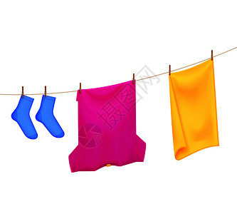 洗过的洗衣颜色现实的构图与t恤毛巾袜子的图像挂晾衣绳矢量插图干燥洗衣颜色成图片