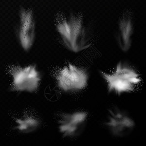 透明背景矢量图上,用半透明的蒸汽雾小颗粒成的真实爆炸云的爆炸集现实的爆炸烟雾图片