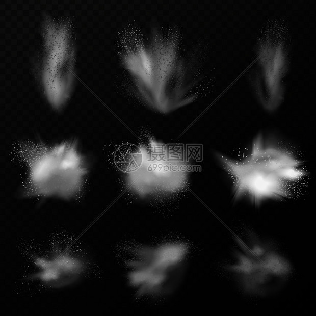 透明背景矢量图上,用半透明的蒸汽雾小颗粒成的真实爆炸云的爆炸集现实的爆炸烟雾图片