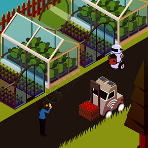 农业机器人等距背景与畜牧业农场步行与机器人直线温室矢量插图机器人温室背景图片