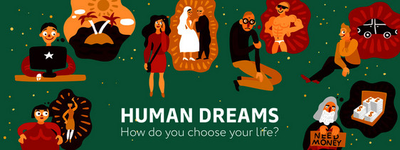 人类的梦想包括旅行,婚姻,买车,金钱,体育人物,绿色背景,标题矢量插图人类梦想插图图片