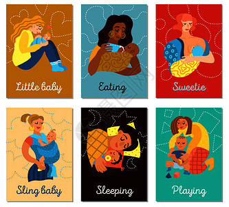 母亲套垂直卡与妇女婴儿玩,吃,睡觉,矢量插图母亲的卡片图片
