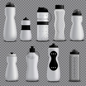 健身运行搅拌机运动水瓶各种形状白色现实物体收集透明背景矢量插图健身瓶现实透明图片