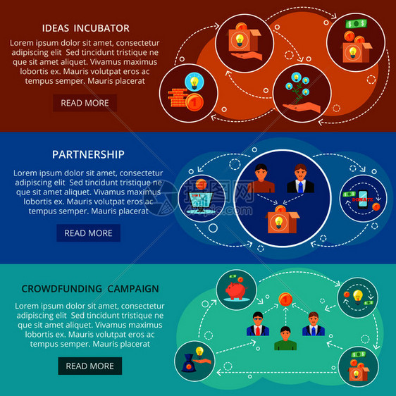 众筹3平横幅网页与信息的想法,孵化伙伴关系众筹活动矢量插图众筹3平横幅套图片