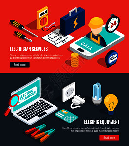 电等距横幅电工服务电气设备标题矢量插图电等距横幅图片