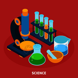 科学等距构图与实验符号红色背景矢量插图科学等距成图片