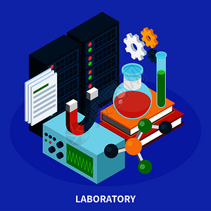 科学等距与实验室符号蓝色背景矢量插图科学等距插图图片