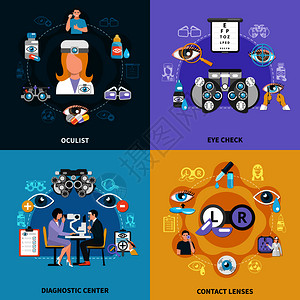 视觉图标眼科医生4个平图标成与眼科诊断中心视觉测试校正孤立矢量插图计算器4图标插画