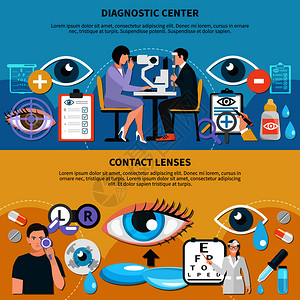 眼科医生诊断中心与验光师检查病人的眼睛隐形眼镜用护理水平横幅矢量插图眼科护理横幅图片