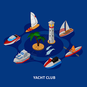 游艇俱乐部等距圆形构图蓝色背景与帆摩托艇,拖船,灯塔矢量插图游艇俱乐部圆形作文图片