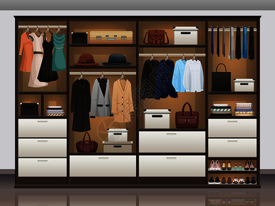 卧室衣柜壁橱与内部者鞋架挂轨的衣服现实矢量插图衣柜储存内部现实背景图片