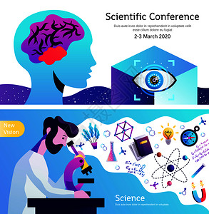 科学会议公告2水平抽象彩色横幅与脑眼原子思想符号矢量插图科学抽象彩色横幅图片