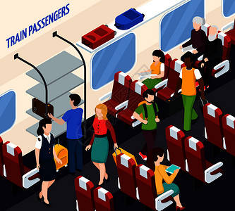 乘客女售票员火车内部与红色扶手椅,行李架等距成矢量插图列车乘客等距成图片