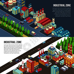 工业区附近的巷道水平横幅与工程工厂,制造与管道,卡车隔离矢量插图工业区水平横幅图片
