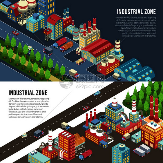 工业区附近的巷道水平横幅与工程工厂,制造与管道,卡车隔离矢量插图工业区水平横幅图片