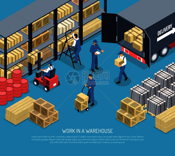 工作仓库场景与工作人员货架与包装装运货物卡车等距矢
