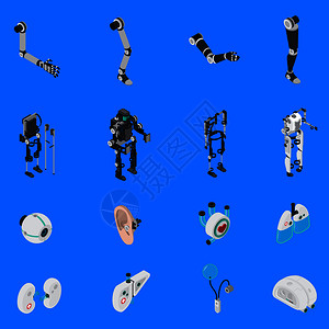 外骨骼仿生假肢图标与人工身体符号蓝色背景等距孤立矢量插图外骨骼仿生假肢图标图片